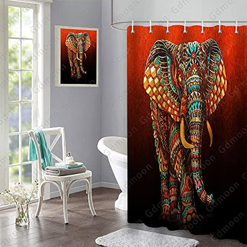 Gdmoon Mandala Elefántos zuhanyfüggönyt Paisley Virágos Barna, Élénk Színek Vintage Etnikai, Törzsi Afrikai Vadvilág Bohém Indiai