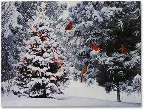 Kivilágított karácsonyfa & Bíboros Madarak LED Vászon Nyomtatás - Havas Téli Erdőben fenyőfák Jelenet Wall Art